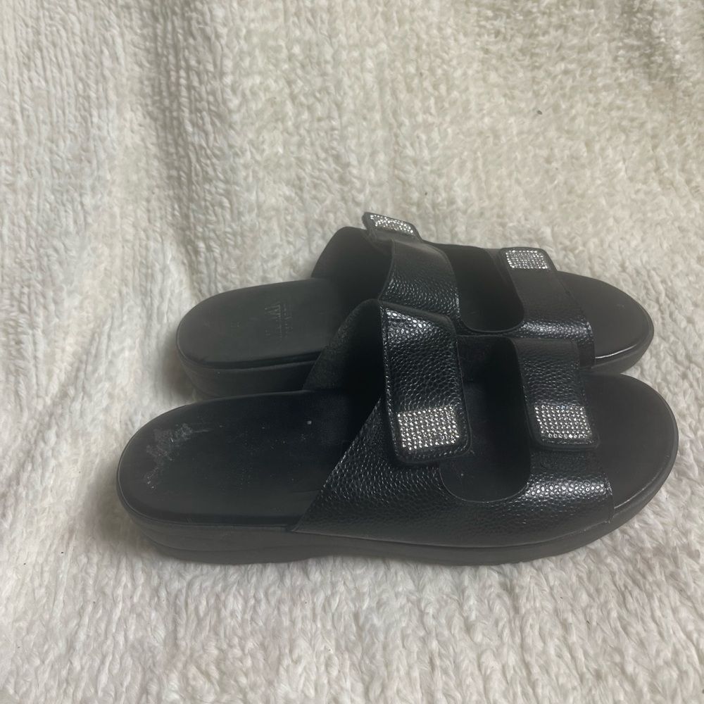 Italian shoemakers Black Two-Strap Slide Sandals with Rhinestone Accents SZ9